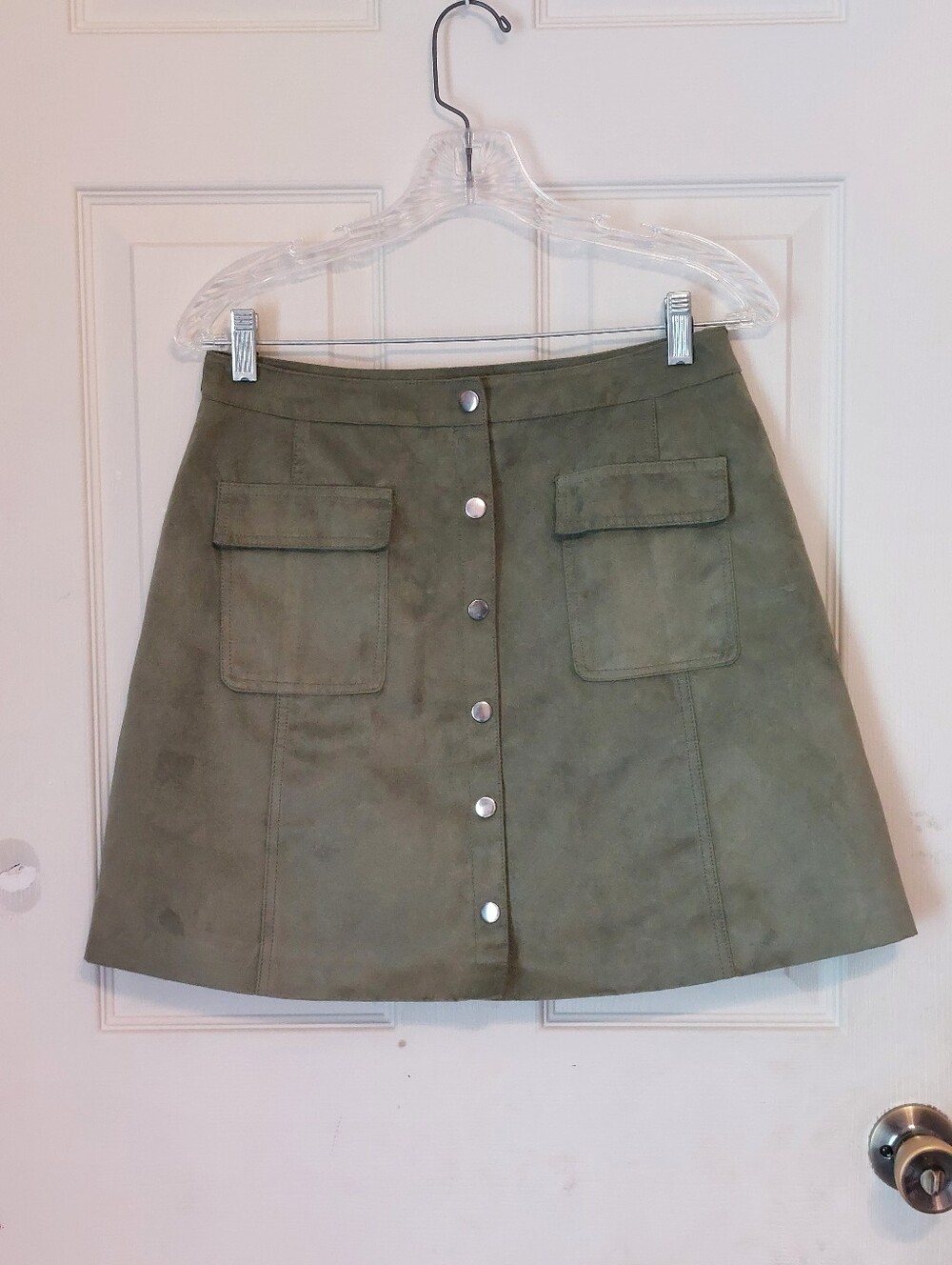 I Heart Ronson Faux Suede Green A Line Button Front Mini Skirt Size M